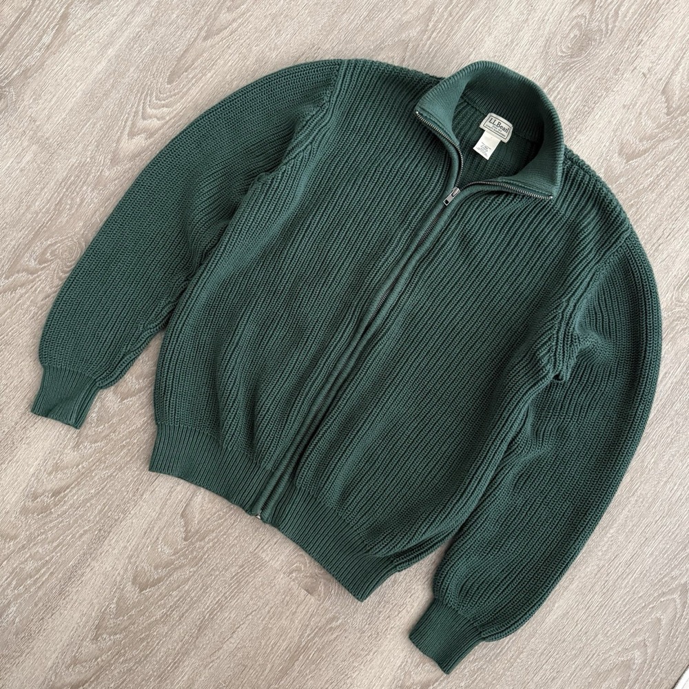 LL Bean Cotton Full Zip Sweater Cardigan Green Ribbed Knit Mock Neck Mens L Reg - Picture 16 of 16